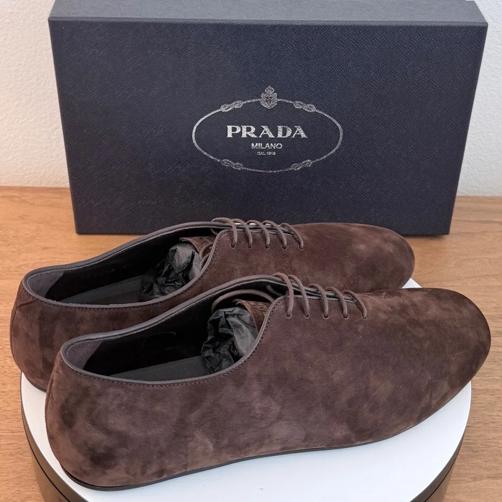 Prada Mens Vit.Scamosciato Suede Oxford Shoes Moro Brown 2EG448 Size 10.5